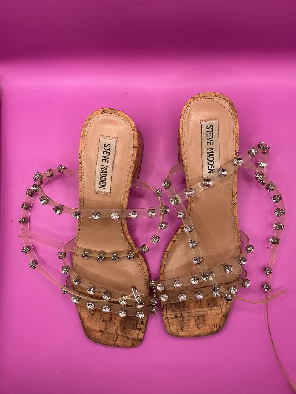 Steve Madden Nude Cork Sandals with Clear Jeweled Straps